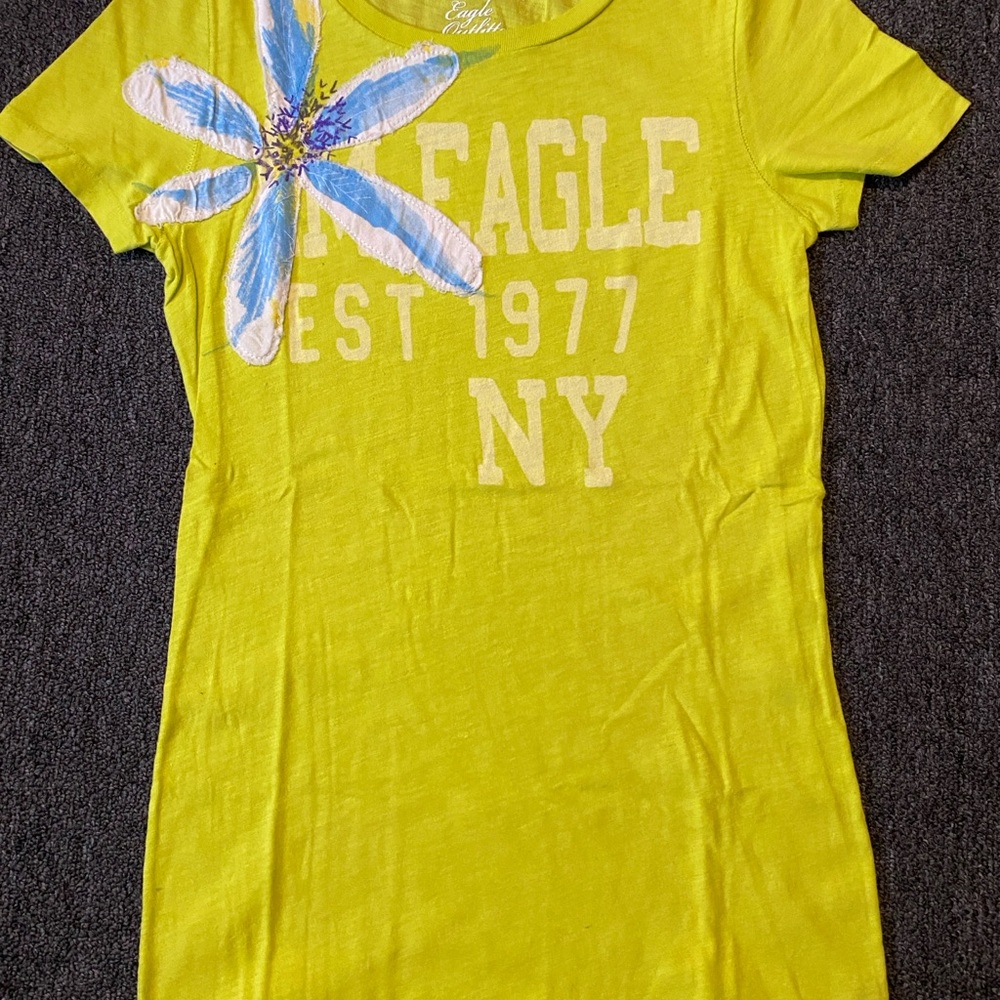 American Eagle Outfitters Lime Tee with Blue Floral Accent